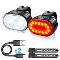 USB Rechargeable Bike Lights Set, 300 Lumen LED Front & Rear, Waterproof